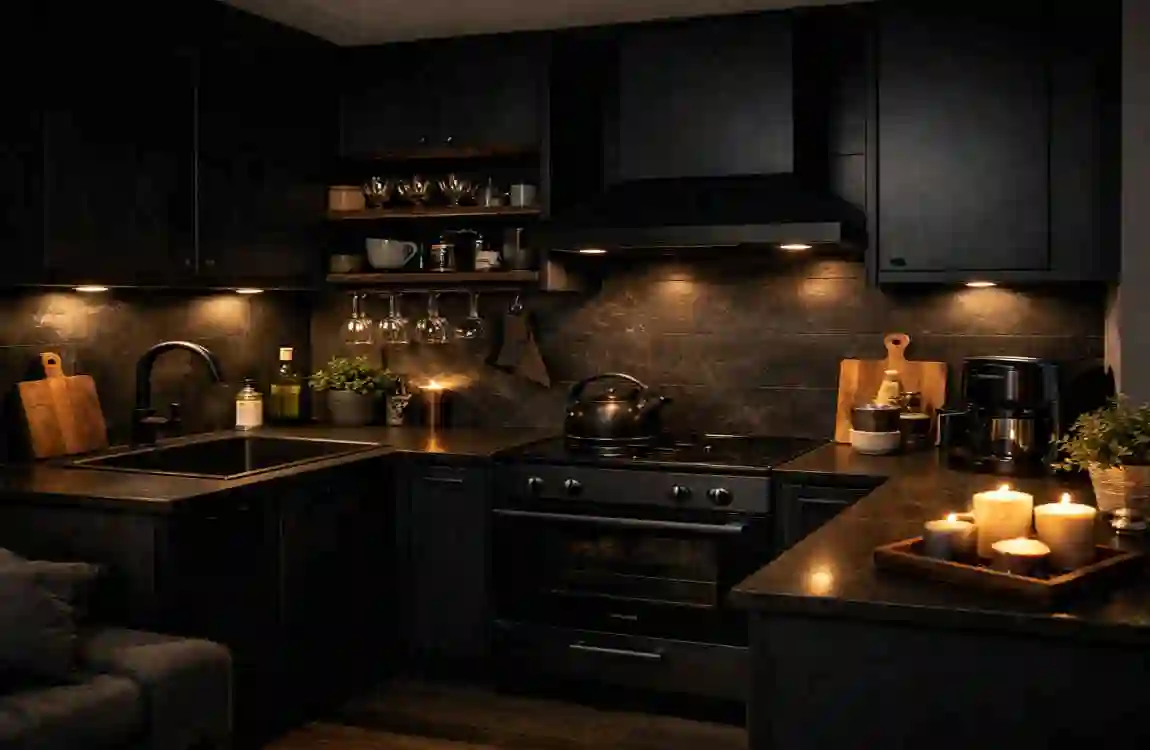 small house dark kitchen