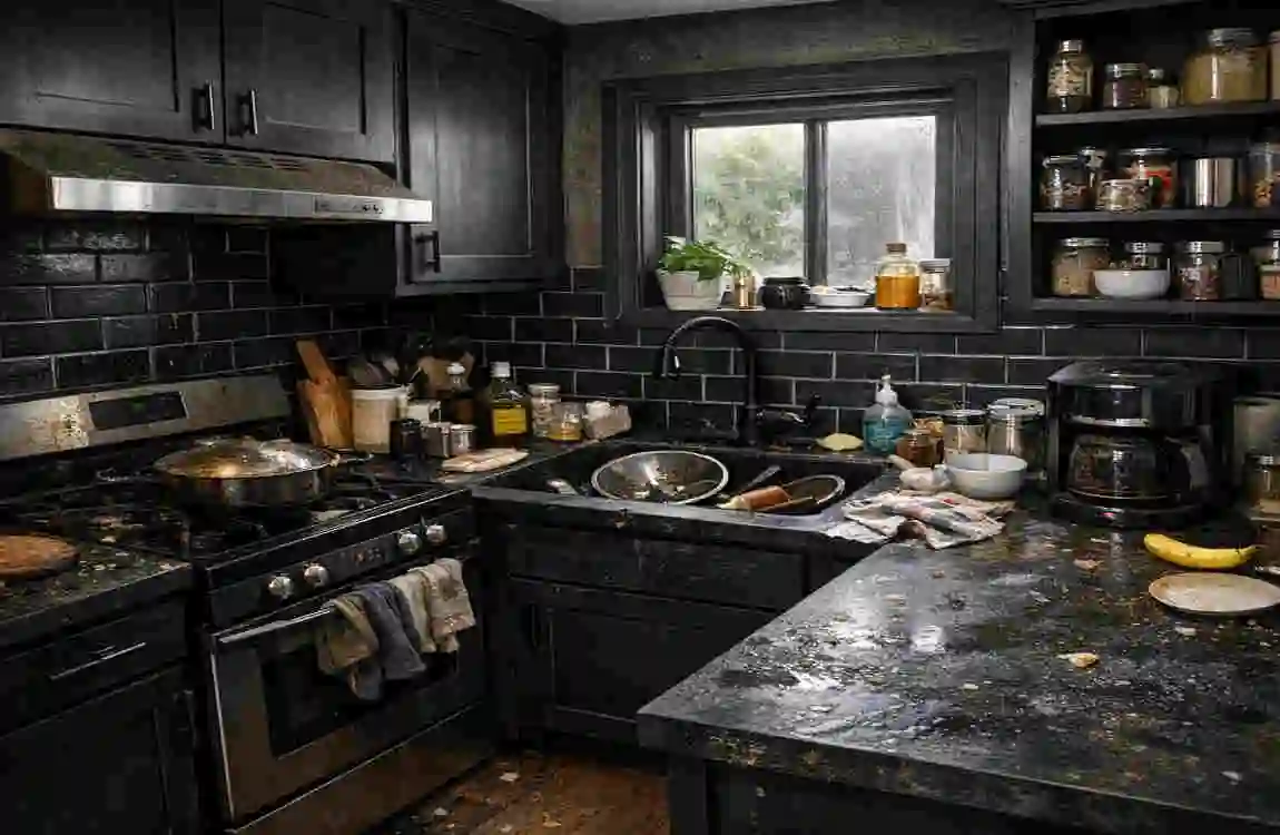 small house dark kitchen