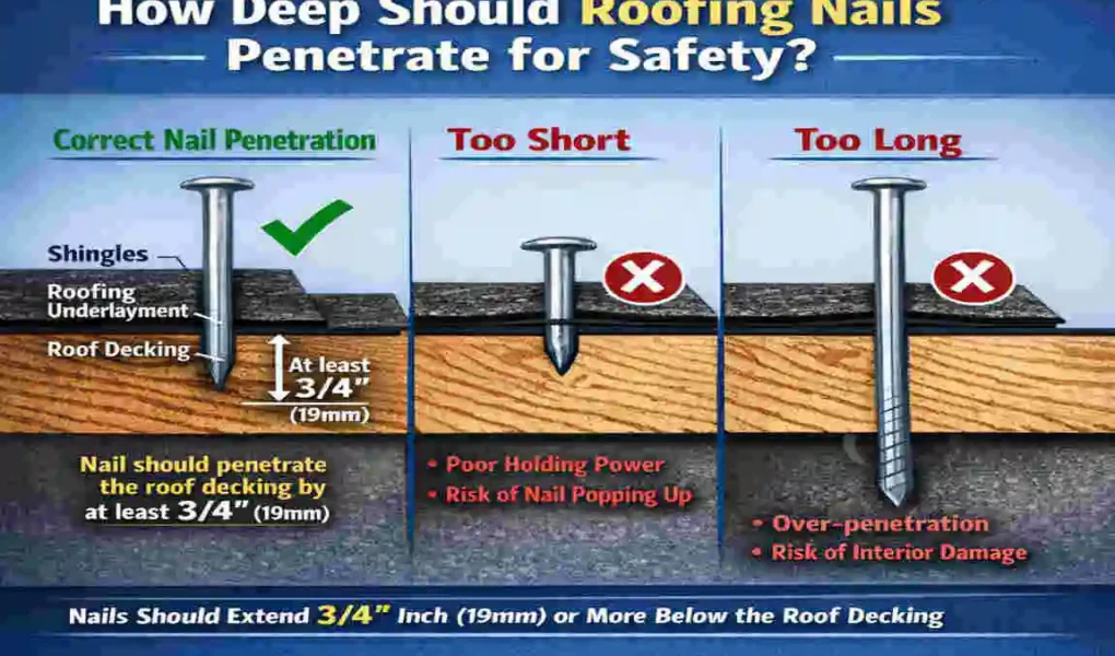 how far should house roofing nails penetrate