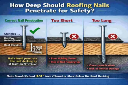 how far should house roofing nails penetrate