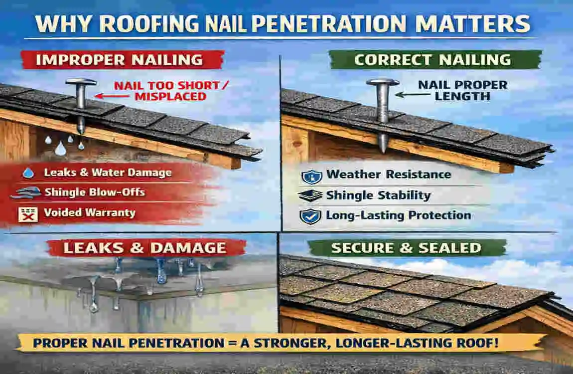 how far should house roofing nails penetrate