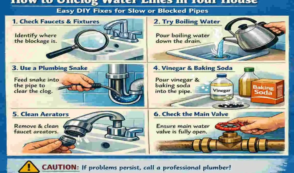 how to unclog water lines in house