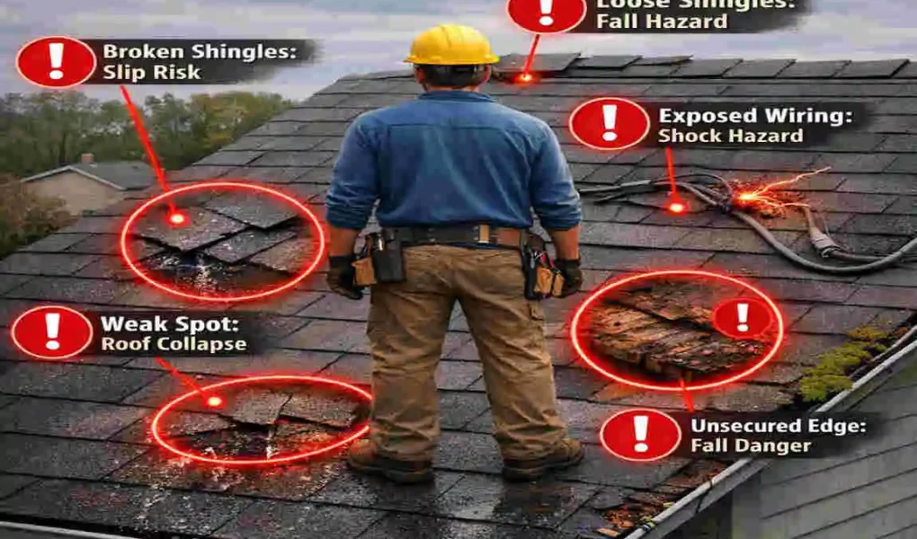 Worker Stands Still on Sloped House Roof: Hidden Dangers Exposed