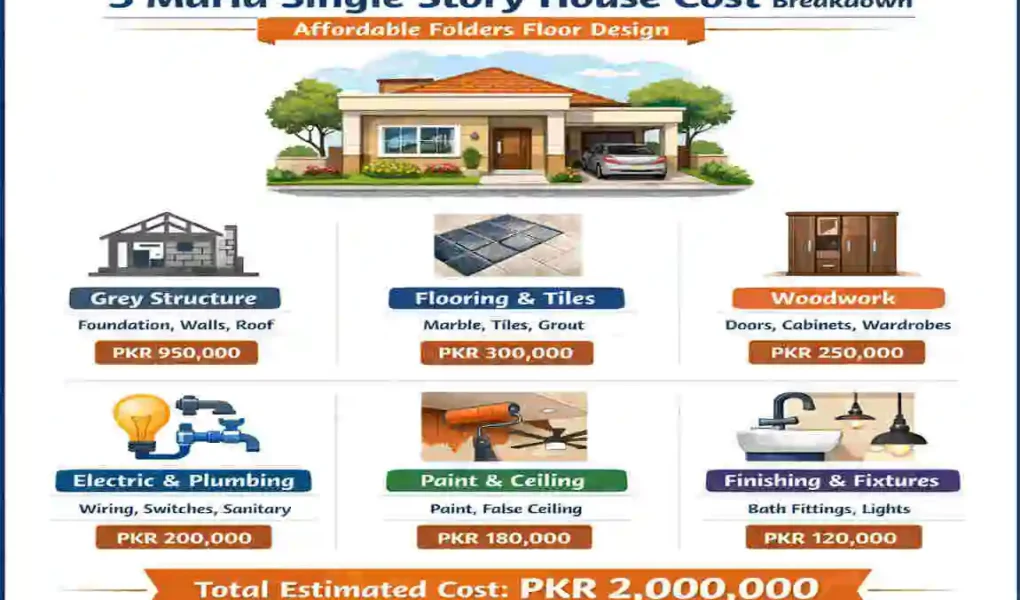 single story house construction cost of 5 marla house floders design